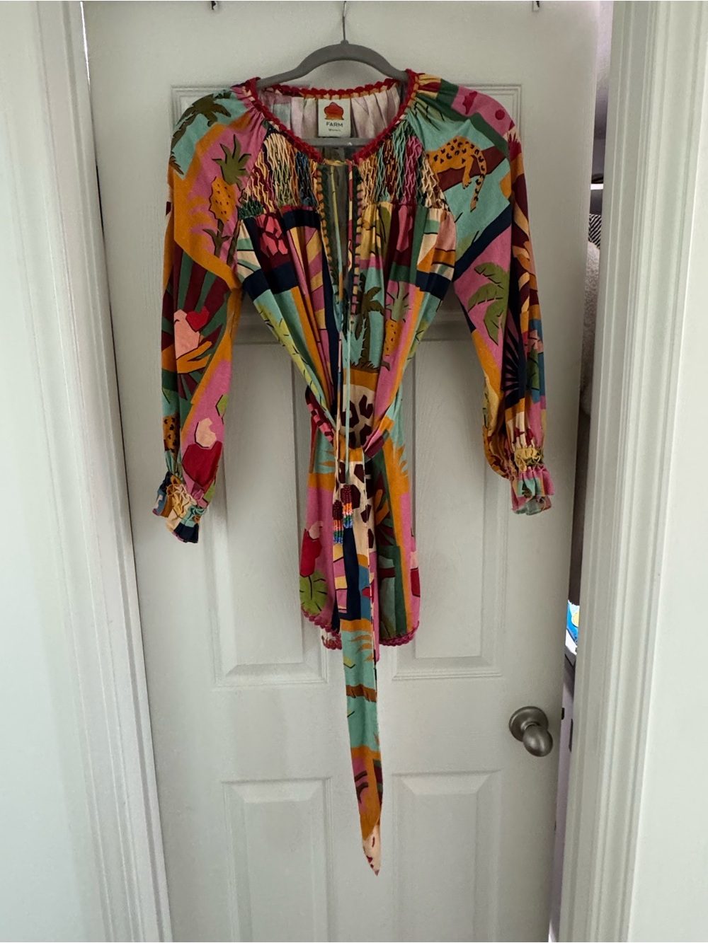 FARM Rio Tropical Print Smocked Mini Dress Tunic XS Belted Long Sleeve